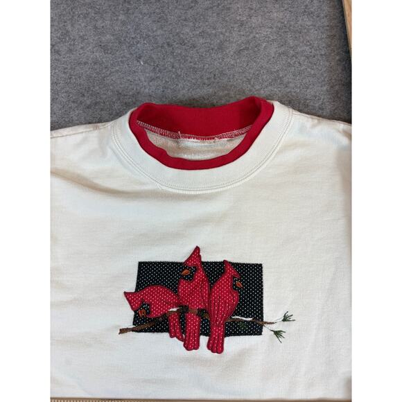 VINTAGE 90s Sweatshirt Womens Large White Embroidered Cardinal Birds Crew Neck - Picture 5 of 5